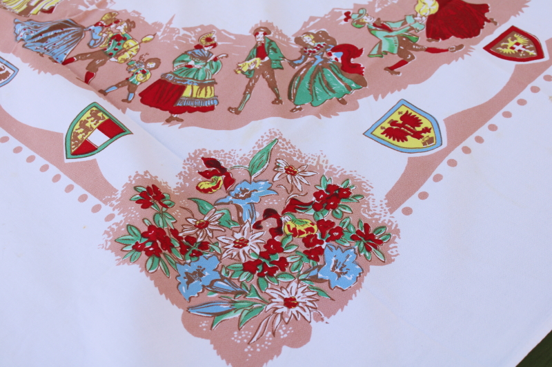 photo of vintage Austria print tablecloth, folk costume dancers & coat of arms for each of the Austrian regions  #2