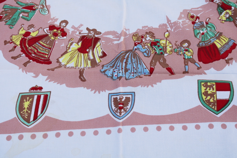 photo of vintage Austria print tablecloth, folk costume dancers & coat of arms for each of the Austrian regions  #4