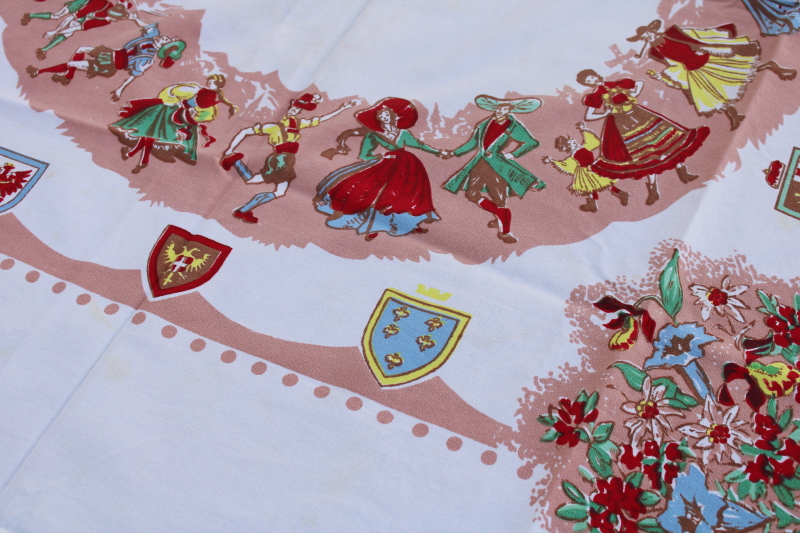 photo of vintage Austria print tablecloth, folk costume dancers & coat of arms for each of the Austrian regions  #5