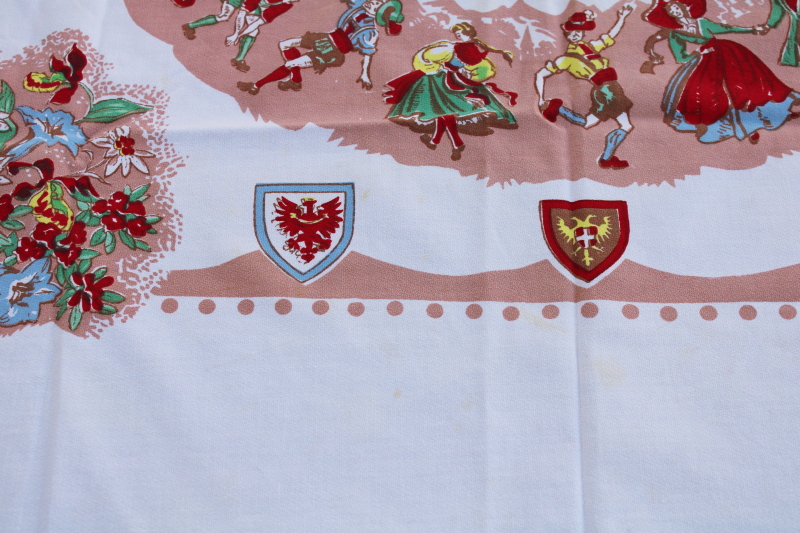photo of vintage Austria print tablecloth, folk costume dancers & coat of arms for each of the Austrian regions  #6