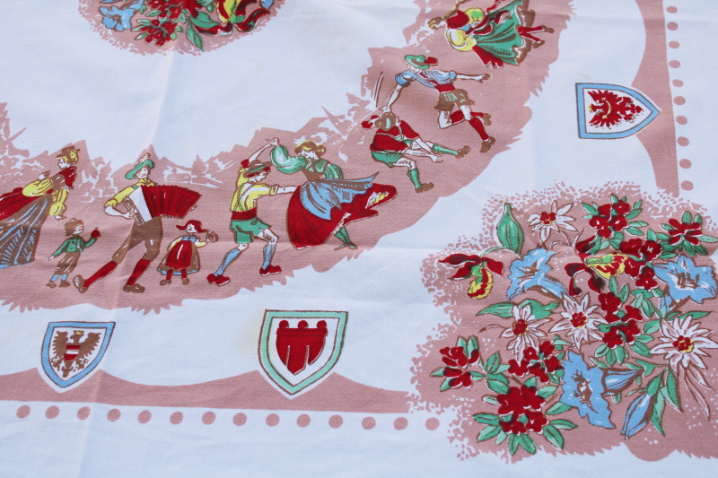 photo of vintage Austria print tablecloth, folk costume dancers & coat of arms for each of the Austrian regions  #7
