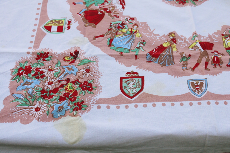 photo of vintage Austria print tablecloth, folk costume dancers & coat of arms for each of the Austrian regions  #8
