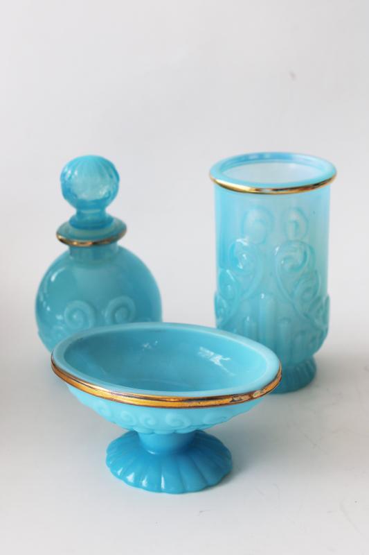 photo of vintage Avon Bristol blue opaline glass set, tumbler, soap dish, cologne bottle #1