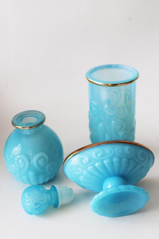 photo of vintage Avon Bristol blue opaline glass set, tumbler, soap dish, cologne bottle #2