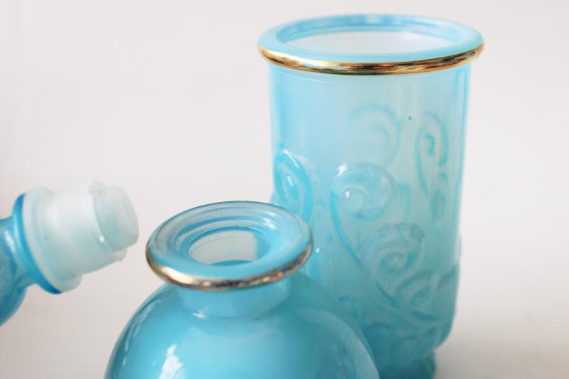 photo of vintage Avon Bristol blue opaline glass set, tumbler, soap dish, cologne bottle #5