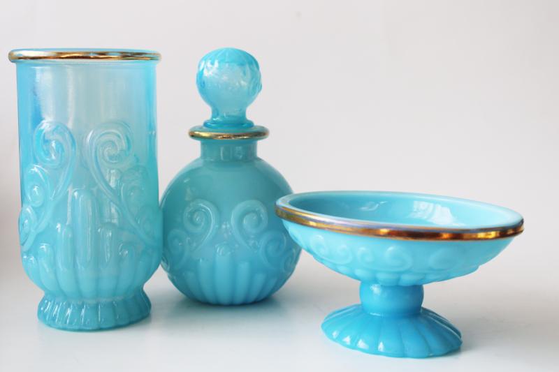 photo of vintage Avon Bristol blue opaline glass set, tumbler, soap dish, cologne bottle #6