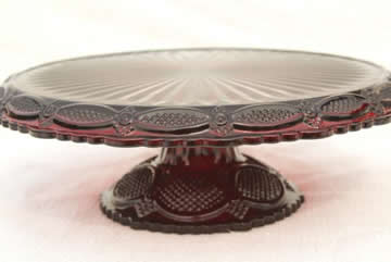catalog photo of vintage Avon Cape Cod pattern ruby red glass cake stand, pedestal plate