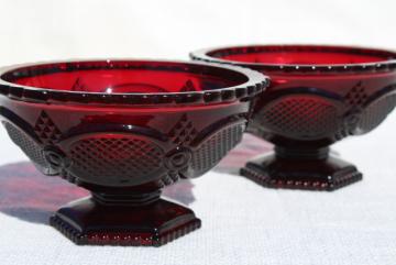 catalog photo of vintage Avon Cape Cod pattern ruby red glass, pair of flower bowls or candy dishes