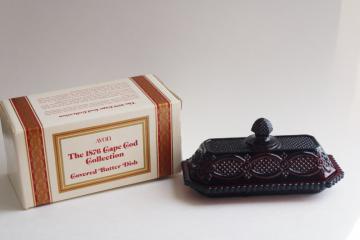 catalog photo of vintage Avon Cape Cod ruby red glass butter dish, plate w/ cover in original box