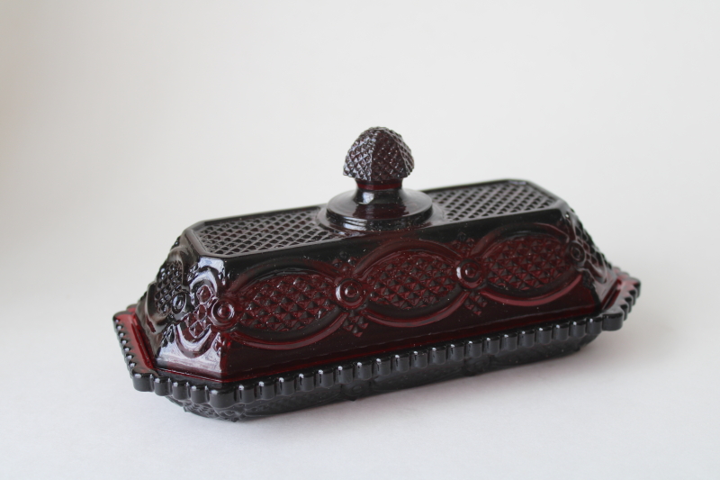 photo of vintage Avon Cape Cod ruby red glass butter dish, plate w/ cover  #1