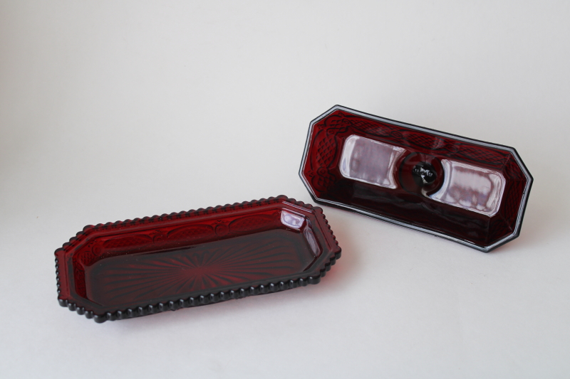 photo of vintage Avon Cape Cod ruby red glass butter dish, plate w/ cover  #2