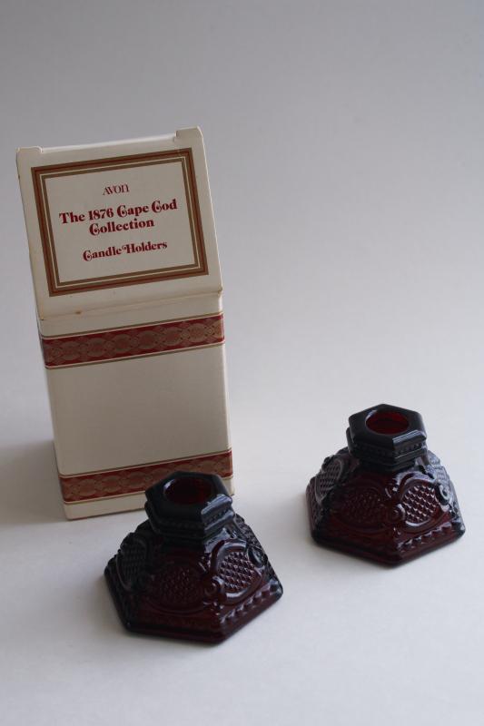 photo of vintage Avon Cape Cod ruby red glass candle holders in original box #1