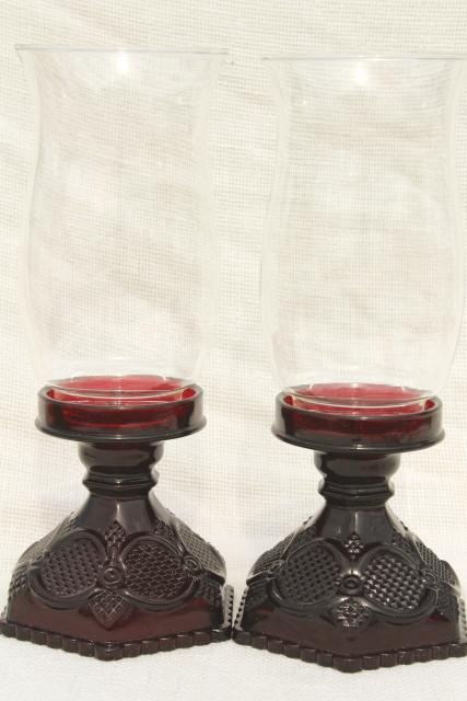 photo of vintage Avon Cape Cod ruby red glass, hurricane candle lamp candlesticks pair #4