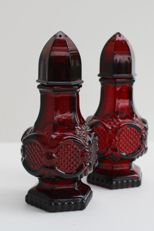 photo of vintage Avon Cape Cod ruby red glass salt & pepper shakers, S&P set #1