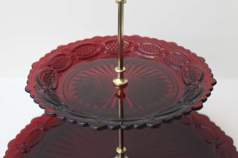 photo of vintage Avon Cape Cod ruby red glass tiered tray dessert stand or sandwich plate w/ center handle #2