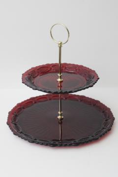 photo of vintage Avon Cape Cod ruby red glass tiered tray dessert stand or sandwich plate w/ center handle