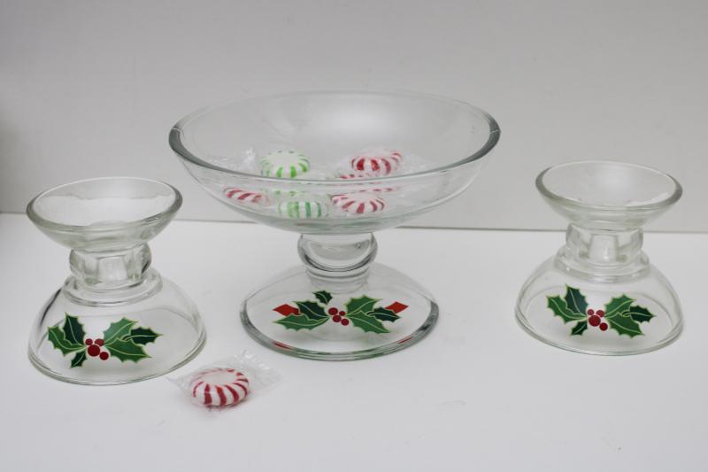 photo of vintage Avon Christmas holly pattern glass candy dish & candle holders #1