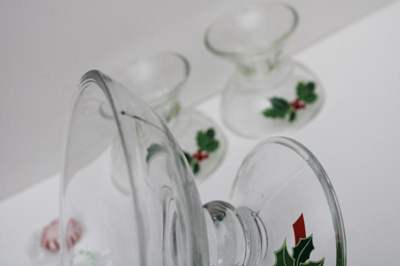 photo of vintage Avon Christmas holly pattern glass candy dish & candle holders #4