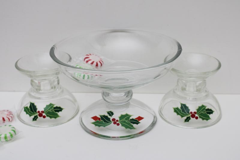 photo of vintage Avon Christmas holly pattern glass candy dish & candle holders #5