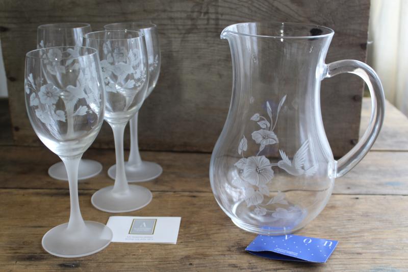 photo of vintage Avon Hummingbird etched crystal wine glasses & pitcher, made in France #1