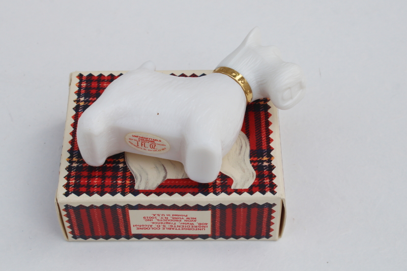 photo of vintage Avon Queen of Scots figural glass bottle milk glass Scotty dog cologne tartan box #3