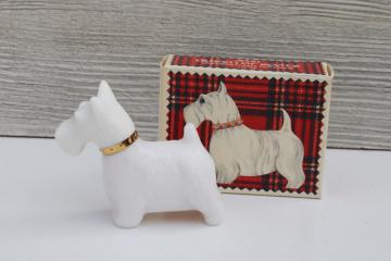 catalog photo of vintage Avon Queen of Scots figural glass bottle milk glass Scotty dog cologne tartan box