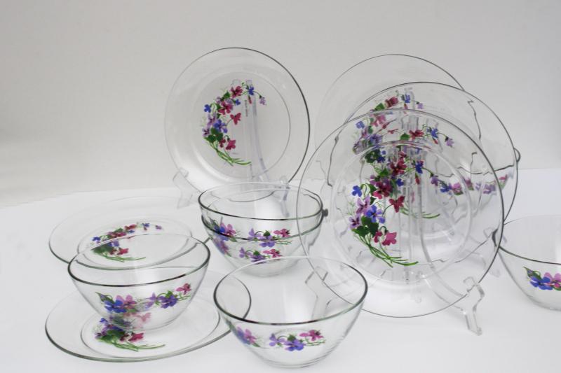 photo of vintage Avon Wild Violets J Walsh painted floral clear glass bowls & plates #1