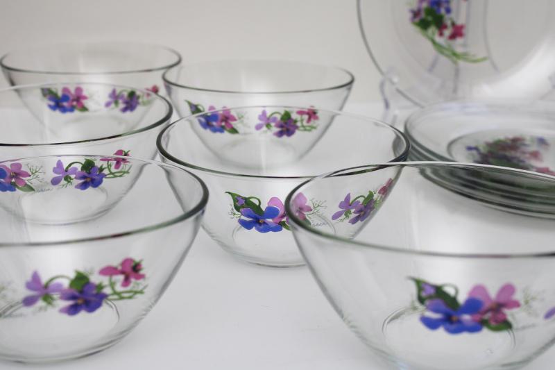 photo of vintage Avon Wild Violets J Walsh painted floral clear glass bowls & plates #2