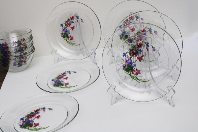 photo of vintage Avon Wild Violets J Walsh painted floral clear glass bowls & plates #8