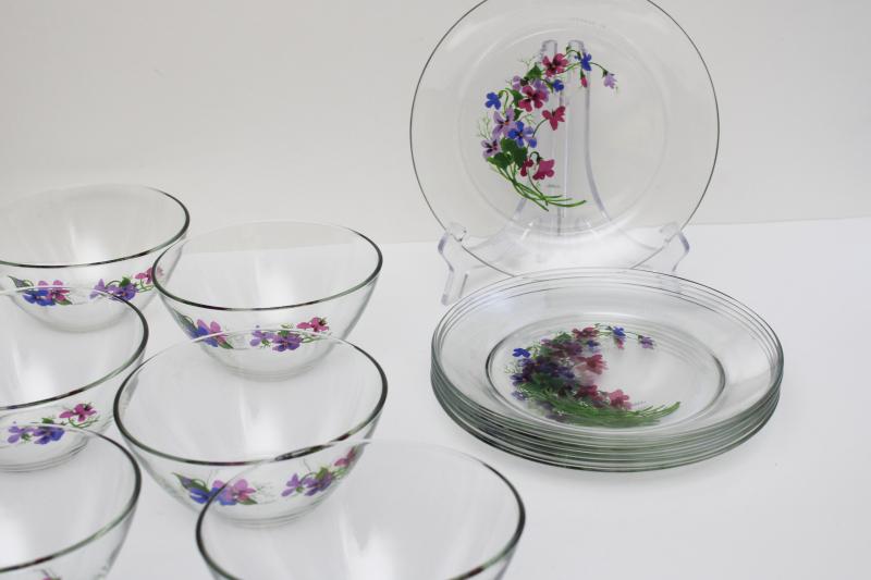 photo of vintage Avon Wild Violets J Walsh painted floral clear glass bowls & plates #10