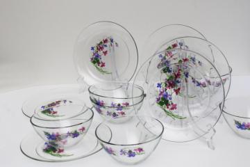 catalog photo of vintage Avon Wild Violets J Walsh painted floral clear glass bowls & plates