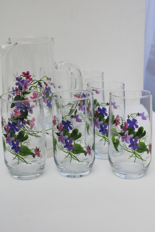 photo of vintage Avon Wild Violets J Walsh painted floral pitcher & drinking glasses set #1