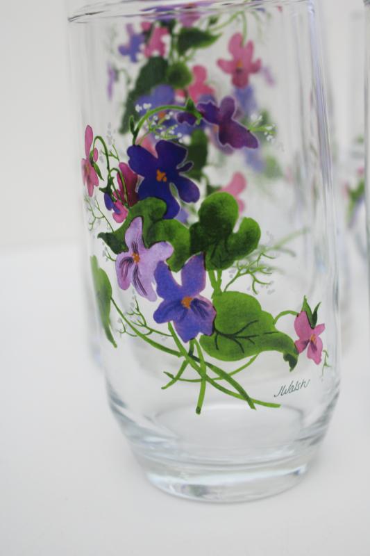 photo of vintage Avon Wild Violets J Walsh painted floral pitcher & drinking glasses set #2