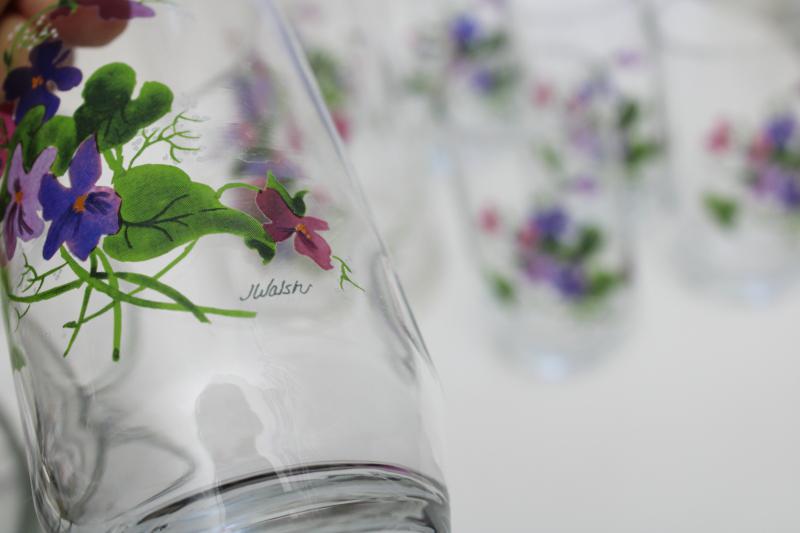 photo of vintage Avon Wild Violets J Walsh painted floral pitcher & drinking glasses set #3