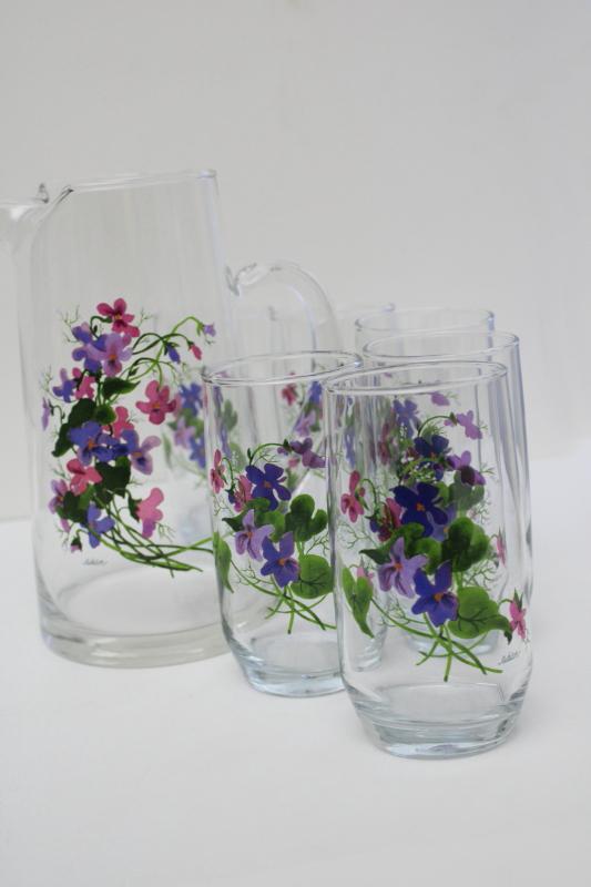 photo of vintage Avon Wild Violets J Walsh painted floral pitcher & drinking glasses set #6