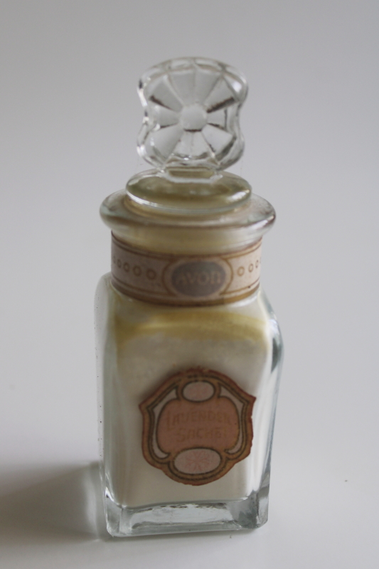 photo of vintage Avon bottle glass stopper, old paper label Lavender Sachet powder  #1