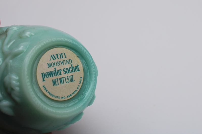 photo of vintage Avon bottle, green milk glass shaker full of Moonwind powder sachet scented talc #3