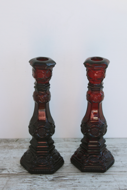 photo of vintage Avon bottles empty Cape Cod ruby red glass candlesticks, tall candle holders #1