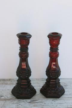 catalog photo of vintage Avon bottles empty Cape Cod ruby red glass candlesticks, tall candle holders