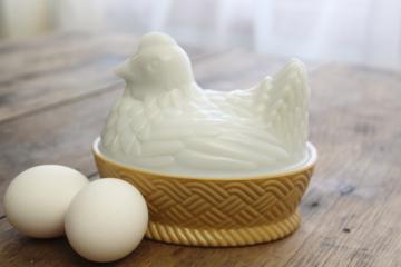 catalog photo of vintage Avon hen on nest covered dish, white milk glass w/ painted basket weave bowl