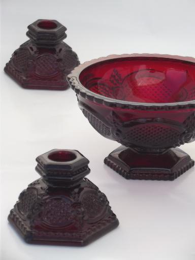 photo of vintage Avon royal ruby red glass Cape Cod candlesticks & flower bowl #1