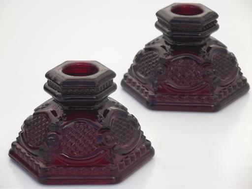 photo of vintage Avon royal ruby red glass Cape Cod candlesticks & flower bowl #2