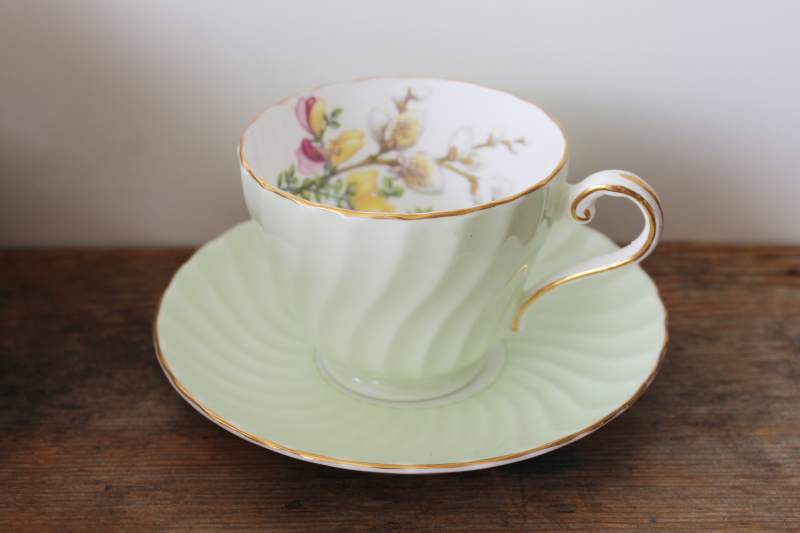 photo of vintage Aynsley bone china tea cup & saucer mint green w/ spring flowers pussy willows  #1