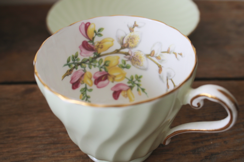 photo of vintage Aynsley bone china tea cup & saucer mint green w/ spring flowers pussy willows  #2