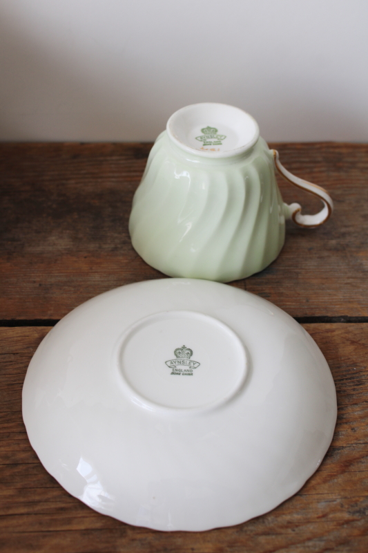photo of vintage Aynsley bone china tea cup & saucer mint green w/ spring flowers pussy willows  #4