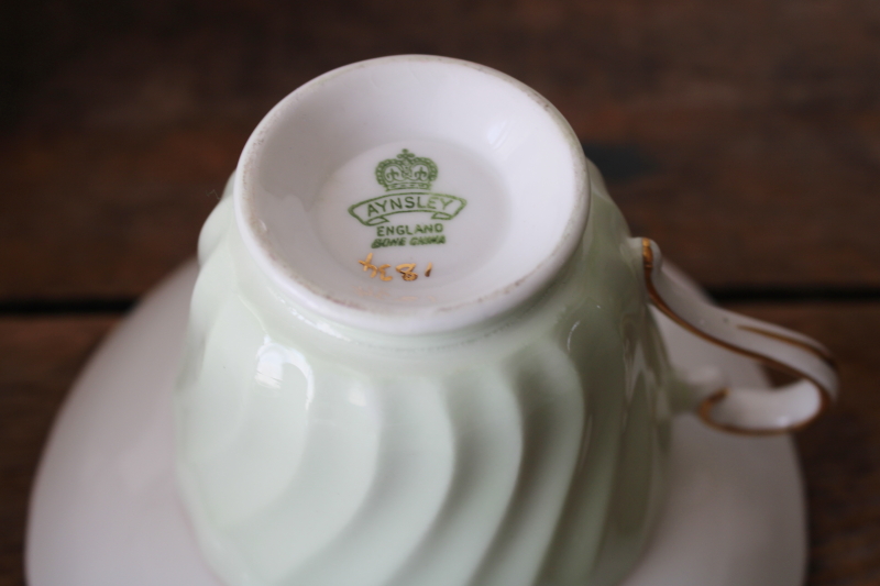 photo of vintage Aynsley bone china tea cup & saucer mint green w/ spring flowers pussy willows  #5