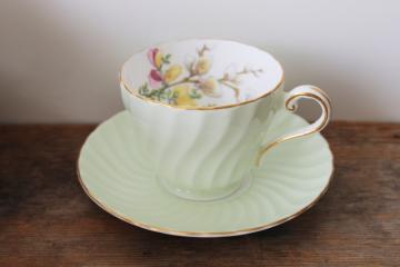 catalog photo of vintage Aynsley bone china tea cup & saucer mint green w/ spring flowers pussy willows 