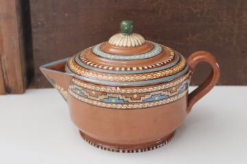 catalog photo of vintage Aztec style hand painted Mexican pottery teapot, red clay terracotta 