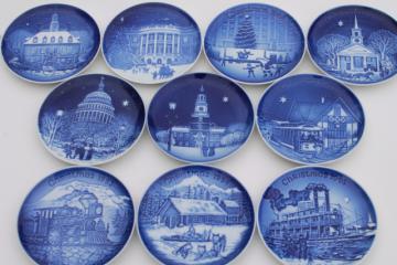 catalog photo of vintage B&G Royal Copenhagen Christmas in America series blue & white mini plates