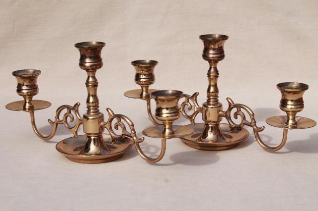 photo of vintage Baldwin brass branched arms candlesticks, candelabra pair low candle holders #2